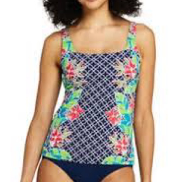 Lands' End Navy Floral Tankini Top